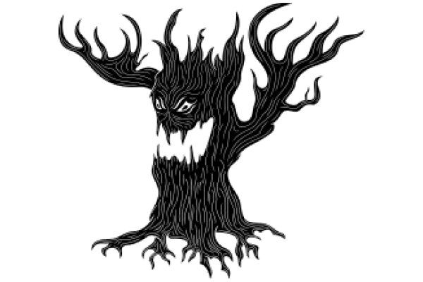 Stylized Tree with a Fierce Face and Flames