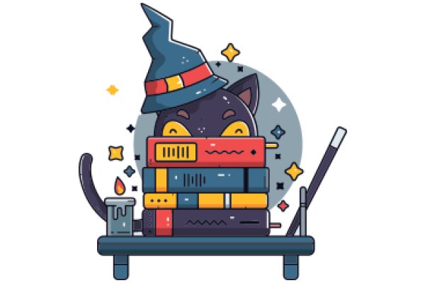 A Whimsical Scene of a Cat's Adventure with a Tower of Books and a Magical Wand