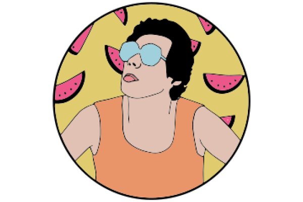 A Stylish Summer Vibe: A Man in Sunglasses and a Tank Top with a Watermelon Background