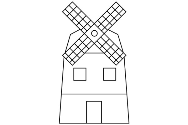 Simplistic Line Drawing of a Windmill and House