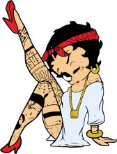 Stylish Tattooed Character with Red Shoes and a Bandana, Sitting on a White Background