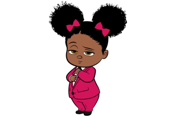 A Stylish Cartoon Character in a Pink Suit and Big Pink Earrings, Standing with a Smirk and a Pink Bow in Her Hair.