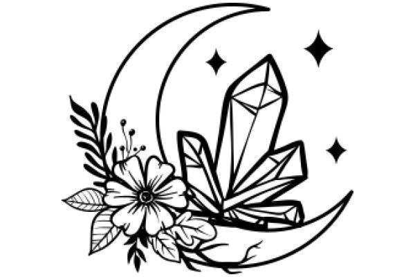Moonlit Garden: AFlower, Crystals, and a Crescent Moon