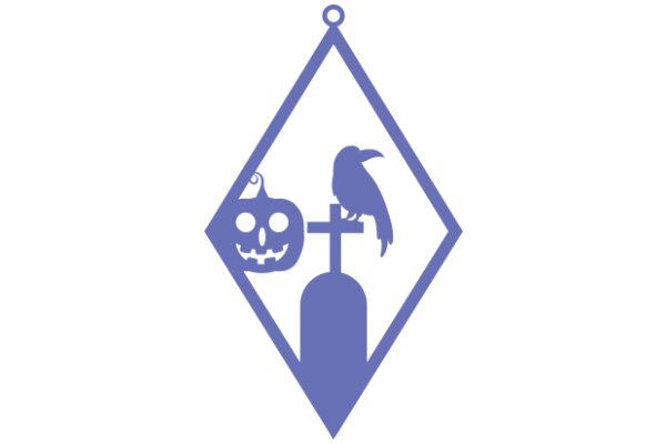 A Halloween-themed diamond-shaped logo with a cross and a crow, set against a white background.