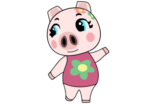 Adorable Pink Pig with Flower Shirt and Big Blue Eyes