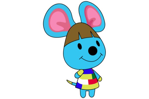 A Friendly Blue Cartoon Character with Pink Ears and a Colorful Dress, Standing against a White Background.
