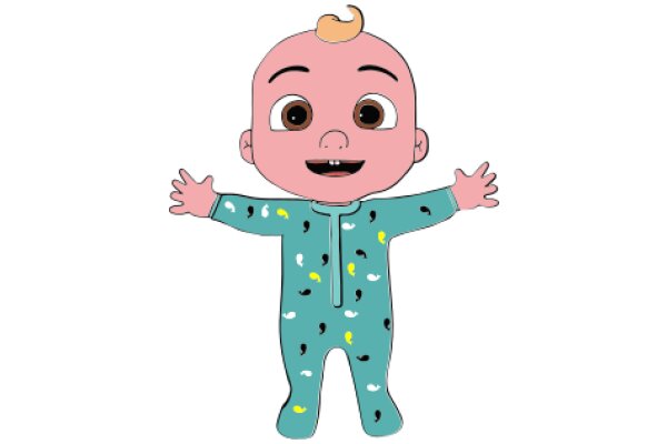 A Cute Cartoon Baby in a Blue Onesie with a Yellow Pattern