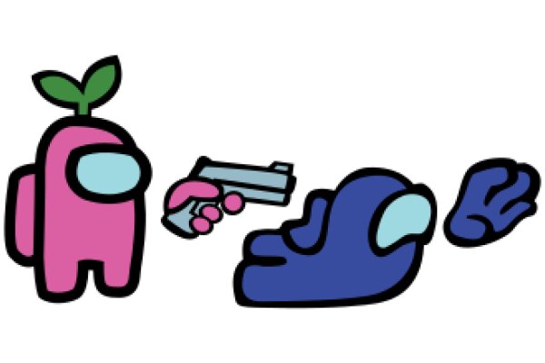 A Playful Scene of a Pink Cartoon Character with a Plant, a Blue Character with a Gun, and a Purple Character with a Heart-shaped Object