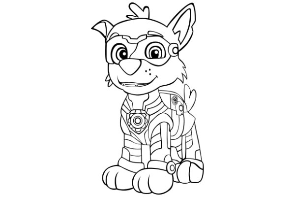 A Cute Cartoon of a Dog-like Character with a Robotic Arm, Wearing a Mask and Goggles, Sitting on a White Background.