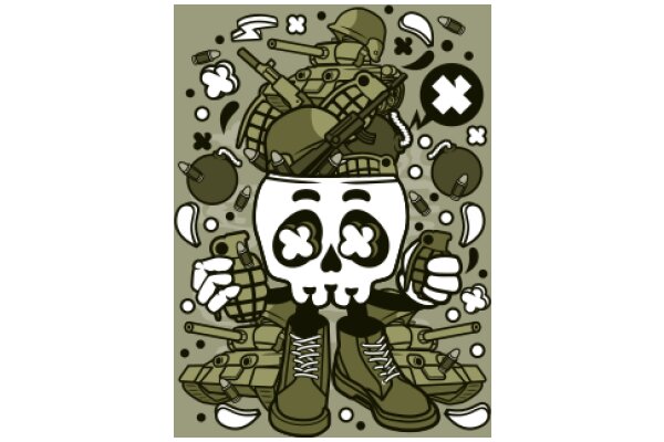 A Whimsical Illustration of a Skull with a Military Theme
