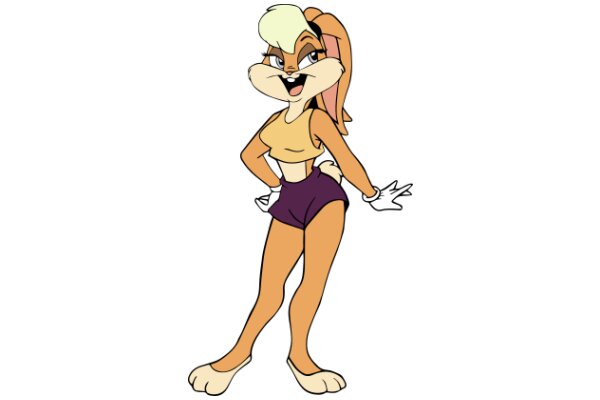 An animated character, a female anthropomorphic rabbit with a sporty outfit, stands confidently with one hand on her hip and the other extended outward.