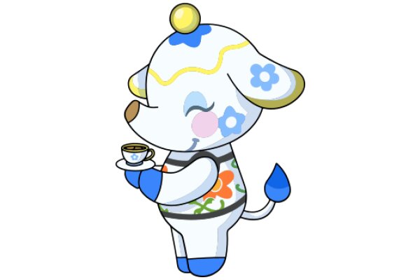 A Whimsical Character: A Blue and White Cartoon Dog with a Cup of Coffee and a Smile