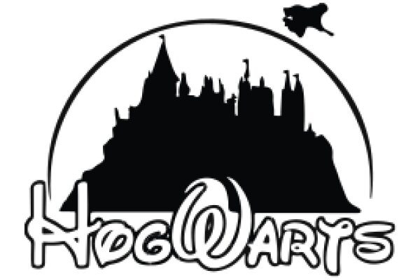 A Silhouette of a Castle with a Flying Figure, Surrounded by a Ring of Buildings, and the Text 'Hogwarts' Below