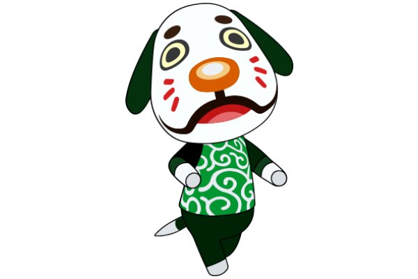 A Whimsical Cartoon Dog with a Green and White Shirt and a Big Nose
