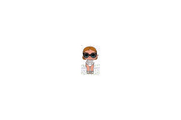 A stylized, cartoonish character with large sunglasses and a white swimsuit.