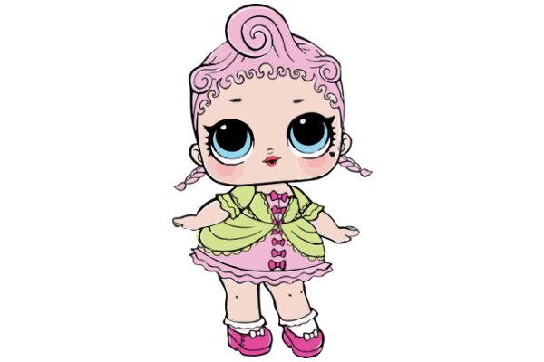 Adorable Cartoon Character: A Pink-Haired Girl with a Yellow Dress and Pink Shoes