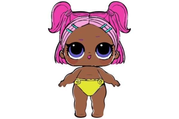 Pink and Yellow Pixelated Doll with Big Eyes and Pink Hair