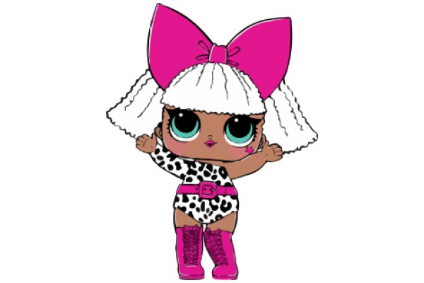 Stylish Cartoon Character with Pink Hair and Bow, Wearing a Pink and Black Dress and Pink Boots