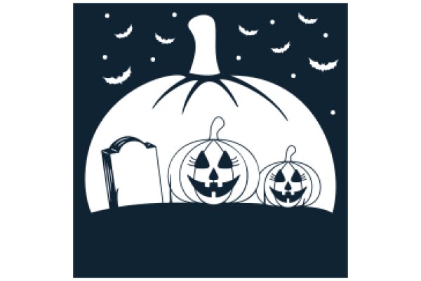 Halloween Night: A Silhouette of a Pumpkin with Two Jack-o'-Lanterns and a Bat-themed Sky