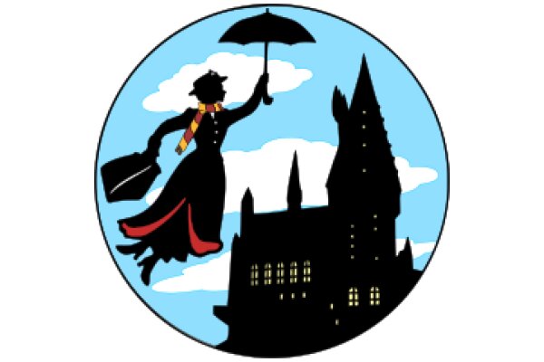 A Silhouette of a Woman with an Umbrella, Standing in Front of a Castle