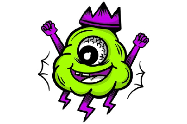 Vibrant Cartoon Character with a Crown and a Purple Cone Hat