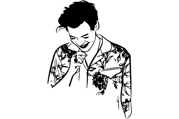 AMan in a Floral Shirt, Laughing and Holding His Hand to His Mouth