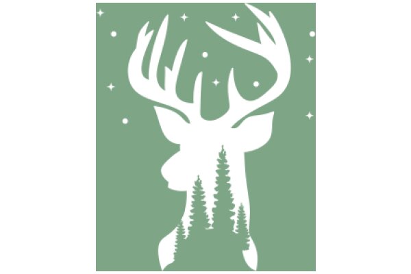 A Silhouette of a Deer's Head and Antlers against a Starry Sky with Trees and Stars