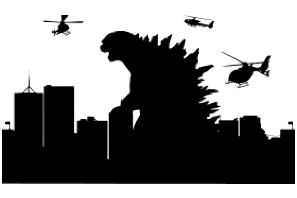 Urban Chaos: A City's Silhouette with a Giant Godzilla and Helicopters in the Sky