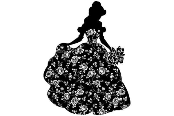 Silhouette of a Victorian-Era Dress with Floral Patterns and a Rose Bouquet