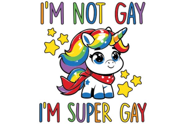 Colorful Cartoon Unicorn with Rainbow Hair and Stars, Celebrating Gay Pride with 'I'm Not Gay, I'm Super Gay' Text
