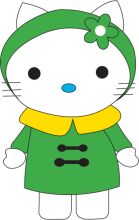 A Cute Cartoon of Hello Kitty Dressed in a Green Coat and Hat, Accessorized with a Flower and Button