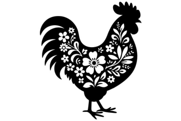 Stylized Black Rooster with Floral Design