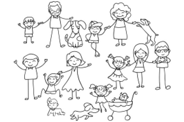 A Family of Cartoon Characters with Their Pets, Celebrating a Special Occasion
