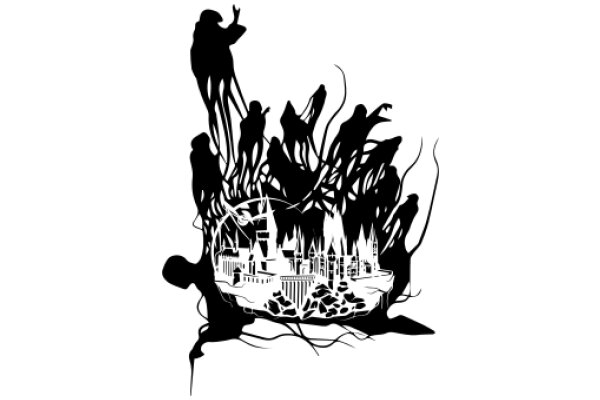 A Silhouette of a Cityscape with People and Buildings, Surrounded by a Dark, Swirling Background