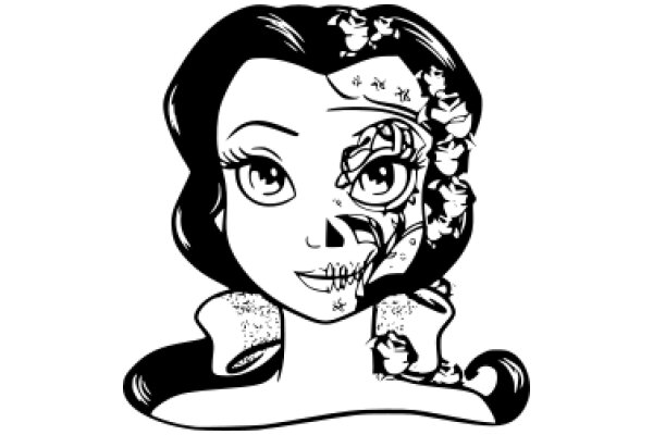 Stylized Portrait of a Female Character with a Skull Mask and Flower Accessories