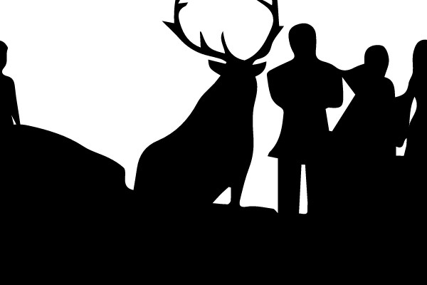 Silhouetted Family and Stag on Hillside