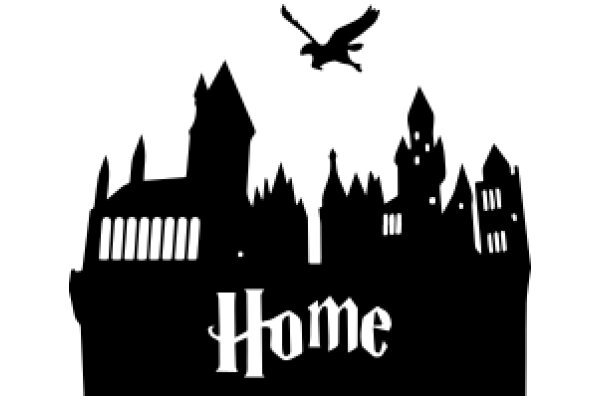 A Silhouette of a Town with a Flying Bird and the Word 'Home' in a Stylized Font