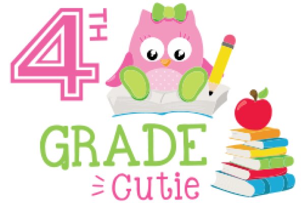 Cute Cartoon Character Celebrates 4th Grade with a Stack of Books and a Pink Penguin