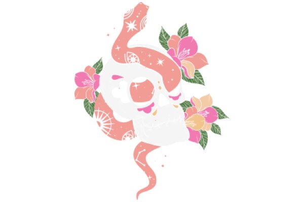 Whimsical Floral Fantasy: A Pink and White Illustration of a Snake with Flowers