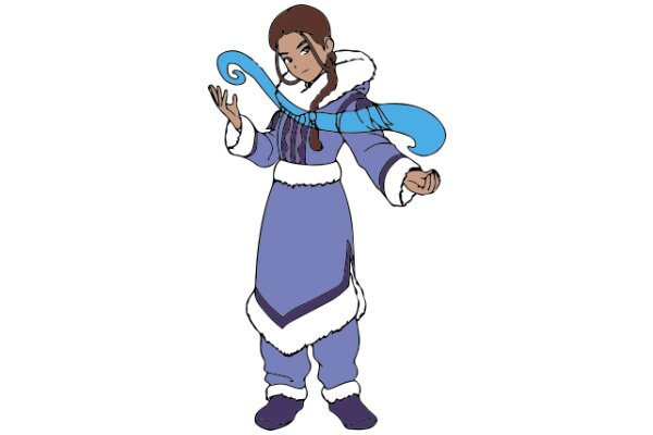 A Young Woman in a Traditional Blue Dress with a Fur-Lined Hood and a Blue Scarf, Standing with Her Hands Outstretched