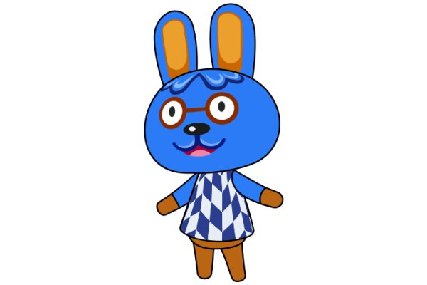 A Blue Bunny with a Checkered Shirt and Glasses, Standing Against a White Background.