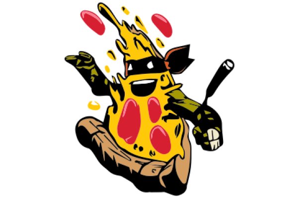 Vibrant Cartoon Character with a Pizza Slice and a Spatula, Amidst a Playful Splash of Red and Yellow
