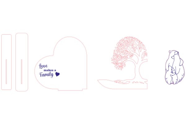A Collection of Pink Line Drawings: A Knife, A Tree, A Heart, and a Bear
