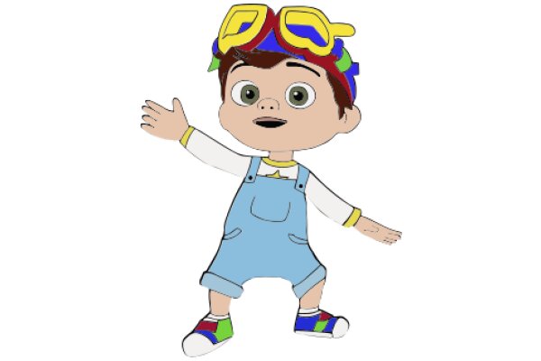 A Young Cartoon Character with a Colorful Hat and Goggles, Waving and Smiling