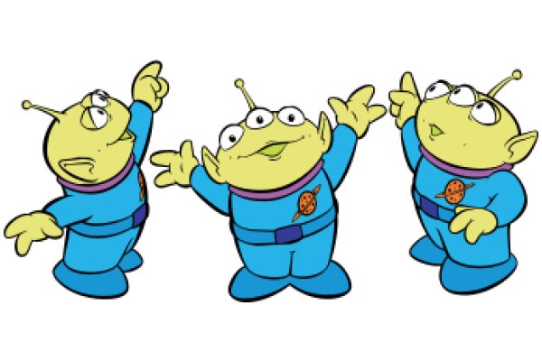 Three Aliens in Blue Suits, Waving and Pointing, Against a White Background