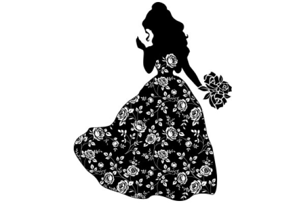 Silhouette of a Romantic Scene: A Lady in a Floral Dress Carrying a Bouquet of Roses