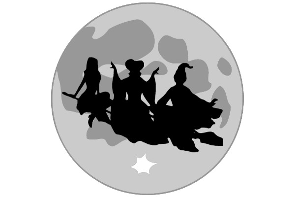 A Silhouette of Three Characters in a Moonlit Sky