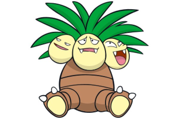 Adorable Cartoon Character: A Cute, Brown, Furry Creature with a Green Crown of Leaves and Three Yellow Friends