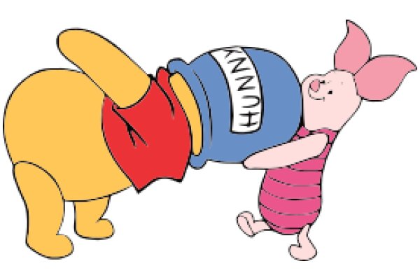 A Playful Interaction Between a Cartoon Pig and a Blue Jar with a Label