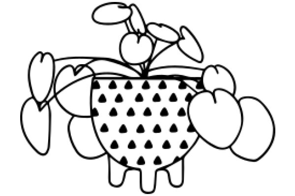 Whimsical Line Drawing of a Flower Pot with Cherry Blossoms and a Heart-Shaped Flower